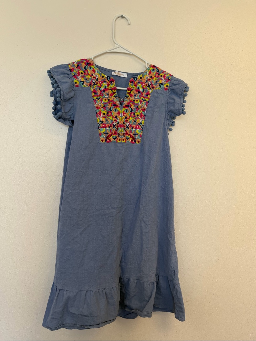 Girls Blue Embroidered Cotton Casual Dress with Pom-Pom Sleeves